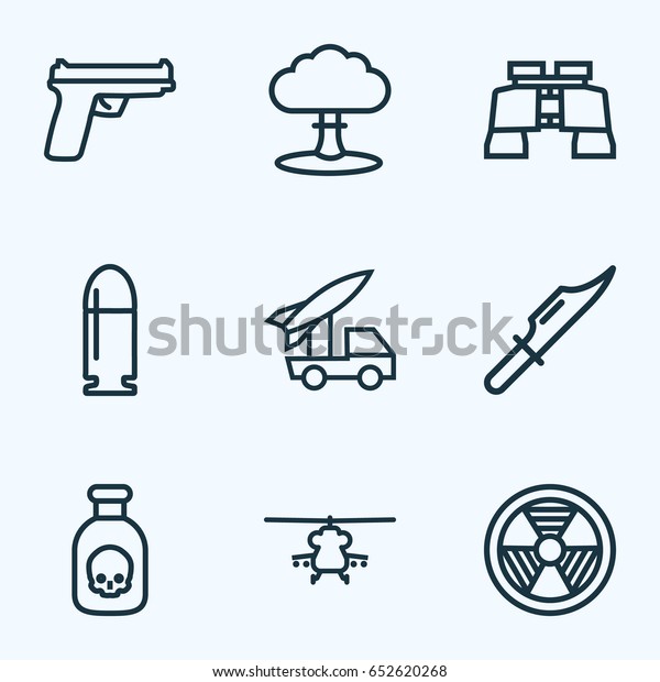 Battle Outline Icons Set. Collection Of Military,\
Rocket, Radiation And Other Elements. Also Includes Symbols Such As\
Artillery, Ballet,\
Rocket.