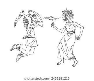 The battle of Perseus with the Gorgon Medusa. Vector illustration with contour lines in black ink, isolated on a white background in a cartoon and hand drawn style.