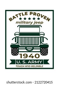 battle proven military jeep 1940 illustration vector design, us army jeep vector design for t shirt