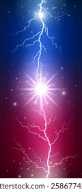 Battle of red blue lightning smartphone wallpaper, background. Thunder collision. Bright lightning with sparks, glow. Battle, confrontation. Vertical blue background. Realistic vector illustration