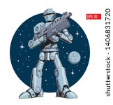 Battle robot holding blaster or machine gun, comic style vector illustration