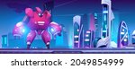 Battle robot transformer in futuristic night city. Robotics artificial intelligence technologies cyborg, military combat exoskeleton character, alien cybernetic warrior Cartoon vector game personage