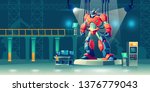 Battle robot transformer in science laboratory. Robotics and artificial intelligence technologies cyborg, military combat exoskeleton character, alien cybernetic warrior. Cartoon vector illustration
