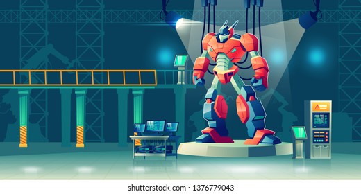 Battle robot transformer in science laboratory. Robotics and artificial intelligence technologies cyborg, military combat exoskeleton character, alien cybernetic warrior. Cartoon vector illustration