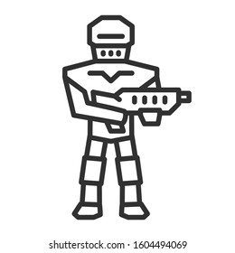 battle robot with weapon, linear icon. Editable stroke