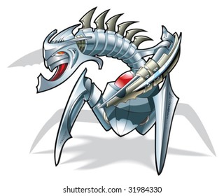 Battle robot-spider made of metal, mechanical warrior, fantasy character, gradient fill, vector illustration