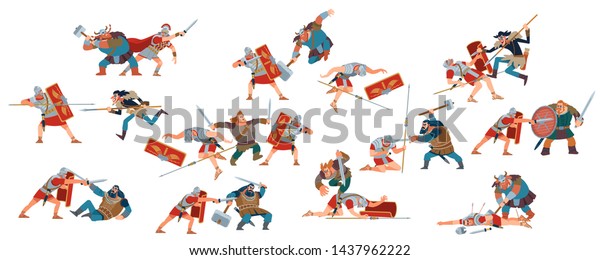 Battle of Romans and barbarians. Celts,\
Germans, Thracians, Dacians, Getae, Illyrians, and messapi tribes\
Slavic tribes, the Goths, the vandals, Huns. Vector illustration on\
white isolated\
background.