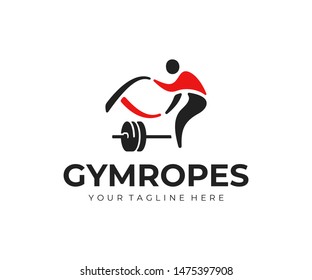 Battle ropes logo design. Fitness exercise with a rope vector design. Kettlebell with athlete workout logotype