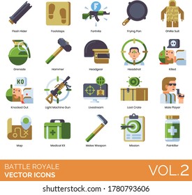 Iconos de la realeza de la batalla, incluyendo el protector de destello, el paso a pie, el fortnite, la sartén frita, el traje de guillie, la granada, el martillo, la cabeza, la cabeza disparada, matados, tirados a la calle, ametralladoras ligeras, el livestream, la caja de botes, el melena.
