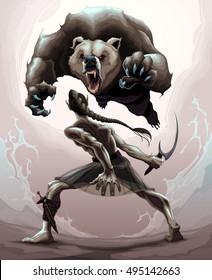 Battle scene between an elf and an angry bear. Vector fantasy illustration