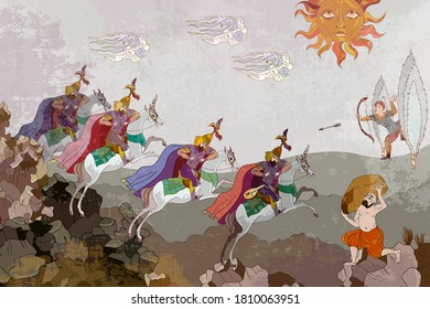 Battle scene. Fairy tales and legends of the Middle East. Medieval miniature. Ottoman Empire. Mughal art. Persian frescoes. Ancient civilization murals 