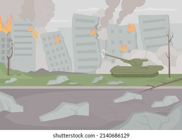 Battle scene flat color vector illustration. Outbreak of hostilities. Destroyed and burning town. Stop war. Devastated city 2D simple cartoon cityscape with ruined buildings on background