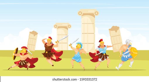 Battle scene flat vector illustration. Gladiators fight. Man with swords and shield. Columns and pillar ruins. Fighter with weapons. Spartan army. Greek mythology. Warriors cartoon characters