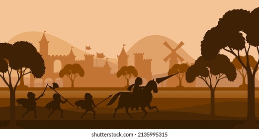 Battle scene silhouette with medieval illustration