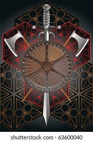 Battle shield with axes and sword on dark background with pattern, vector editable 	 	 	 	 	 	 	