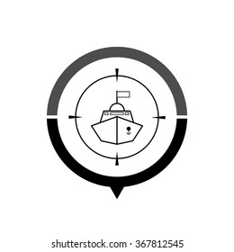 Battle ship - black vector icon; map pointer;  message bubble