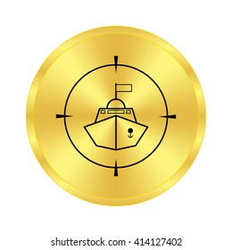 Battle ship - black vector icon;  golden button