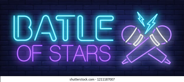 Battle of stars neon sign. Crossed microphones on brick background. Karaoke, show, standup battle. Night bright advertisement. Vector illustration in neon style for leisure, nightlife, entertainment