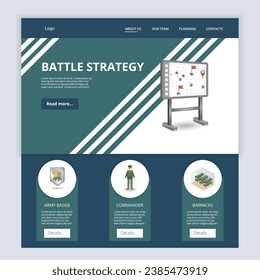 Plantilla del sitio web de la página de inicio plana de la estrategia de batalla. Insignia del ejército, comandante, cuartel. Banner web con encabezado, contenido y pie de página. Ilustración vectorial.