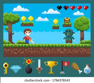 Battle Of Superhero With Galive And Monster, Power Symbols Key, Diamond And Bomb, Steel And Cup, Flag And Meat With Flask, Screen Of Pixel Game Vector