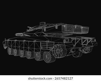 Battle Tank 3D model displayed as a detailed blueprint on a black background. The wireframe highlights the tank's tracks, turret, and mechanical components with precision.