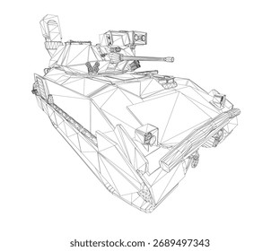 Modelo de estructura de alambre 3D del tanque de batalla aislado en el fondo blanco. Este realista conjunto de vehículos militares cuenta con una estructura de malla detallada y una presentación limpia.