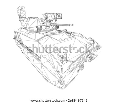 Battle Tank 3D wireframe model isolated on white background. This realistic military vehicle set features detailed mesh structure and clean presentation.