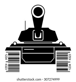 Battle tank with bar code.
Black silhouette of battle tank with a bar code instead of tracks.
Concept for commerce and market and price war. Vector illustration.
