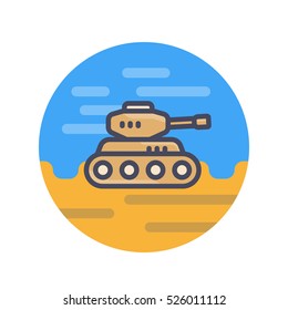 battle tank in desert, icon in flat style with outline, vector illustration