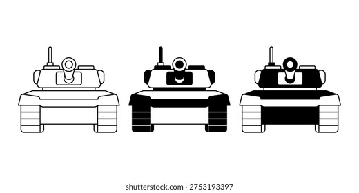 Battle tank front view symbol representing armored combat vehicles used in ground warfare and military defense operations. Suitable for battlefield strategy and army equipment visuals.