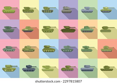 Iconos del tanque de batalla establecen el vector plano. Combate de guerra. Ejército militar