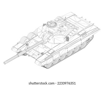 Armazón de alambre de tanque de batalla de líneas negras aisladas en fondo blanco. Vista isométrica. 3 D. Ilustración vectorial.