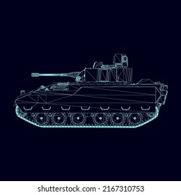 Armazón de alambre de tanque de batalla de líneas azules aisladas en fondo oscuro. Vista lateral. 3 D. Ilustración vectorial.