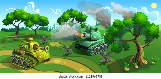 Schlacht um Panzer im Wald. Vektorgrafik von Militärmaschinen.
