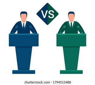 Battle of team leaders, fight of opponents. Comparison vs, versus. Man in conference suit on podium, tribune. Speech by people leader. Presidential debate, political elections. Vector illustration