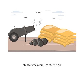 Battle tools with sacks, bullets and cannons, monitored by helicopter. Character design. Vector flat illustration