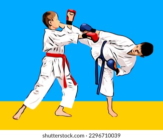 The battle of two athletes in kimonos with different belts and gloves. Drawing in white, blue and red colors