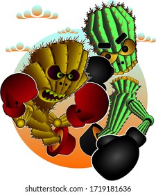 
battle of two cartoon boxer cactus characters