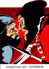 battle of two medieval warriors, vector and illustration