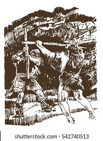 The battle of two men of Cro-Magnon (Homo sapiens). Hand drawn illustration. svg
