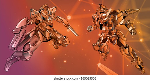battle of two Warriors on a background red star sky