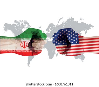 Battle of USA vs Iran, Flags on clenched hands fists facing each other on World map, Vector illustration