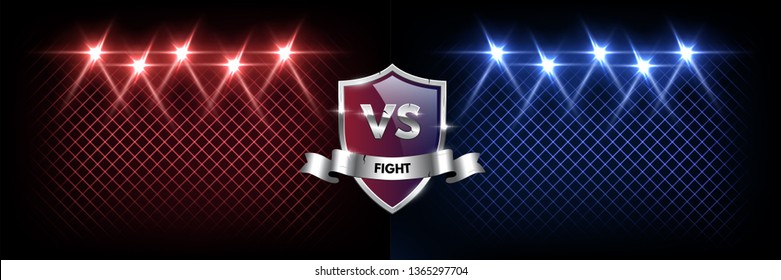 Concepto de banner vectorial de batalla. Ilustración de la competencia con escudo plateado brillante con símbolo contra símbolo y focos. Promoción de eventos de discoteca. MMA, lucha libre, afiche de pelea de boxeo