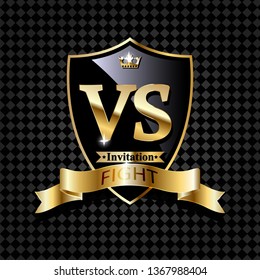 Battle vector banner concept. Competition illustration with glowing golden shield with versus symbol. Night club event promotion. MMA, wrestling, boxing fight poster.