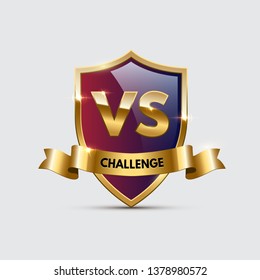 Battle vector element concept. Competition illustration with glowing golden shield with versus symbol and ribbon with challenge word. Night club event promotion. MMA, wrestling, boxing fight poster