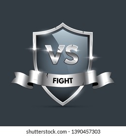 Battle vector element concept. Competition illustration with glowing silver shield with versus symbol and ribbon with fight word. Night club event promotion. MMA, wrestling, boxing fight poster