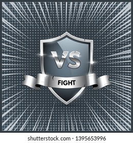 Battle vector element concept. Competition illustration with glowing silver shield with versus symbol and ribbon with fight word. Night club event promotion. MMA, wrestling, boxing fight poster