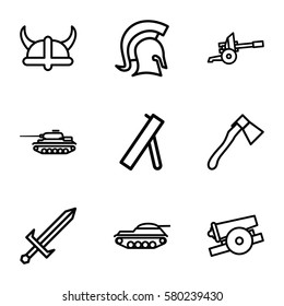 battle vector icons. Set of 9 battle outline icons such as axe, knight, sword, helmet, cannon