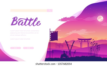 Battle vector landing page template. Japanese medieval martial arts website homepage design. Samurai fights reconstruction flat web banner design. Japan landscape minimalistic illustration