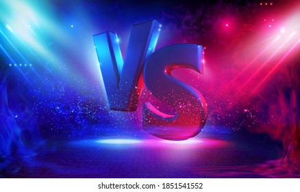Battle vs match, game concept competitive. Illuminated stage with versus logo for sports and fight competition. Resistance symbol. Volumetric illuminated letters on a dark background. Rays of light in